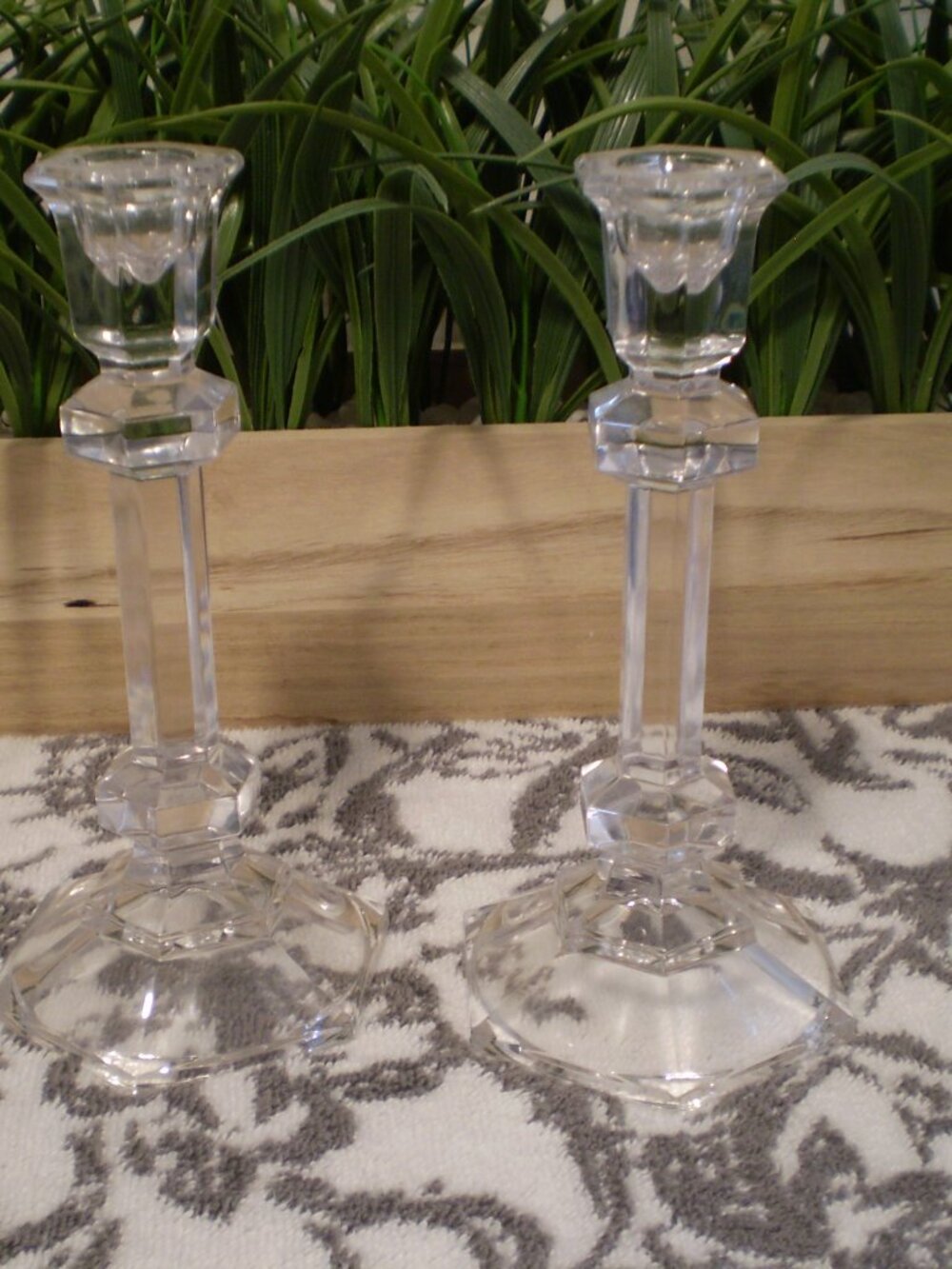 VINTAGE PAIR OF 8" TALL CRYSTAL CANDLEHOLDERS WITH HEXAGON BASE